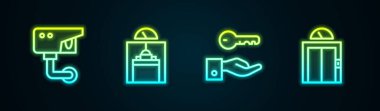 Güvenlik kamerası, asansör, otelin kapı kilidi anahtarı ve... Parlayan neon ikonu. Vektör