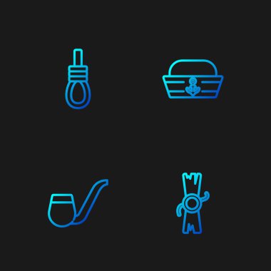 Hüküm, parşömen, parşömen, tüttürme piposu, darağacı halatı asılı ve denizci şapkası. Renk simgeleri. Vektör