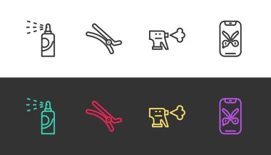 Saç spreyi, saç tokası, kuaför tabancası şişesi ve Berber servis platformunu siyah beyaz için ayarla. Vektör