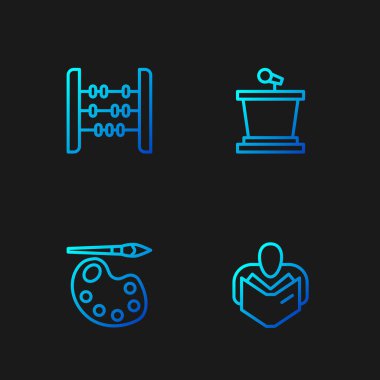 Çizgi Adam 'ın kitap okumasını, paletle boya fırçasını, Abaküs' ü ve sahne standını ayarla. Renk simgeleri. Vektör