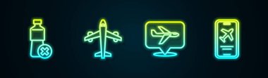 Hattı ayarlayın. Su şişesi yok, uçak yok ve biletli cep telefonu yok. Parlayan neon ikonu. Vektör