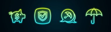 Piggy Bank, Shield, Şemsiye ve... Parlayan neon ikonu. Vektör