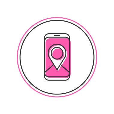 Beyaz arkaplanda izole edilmiş şehir haritası yön bulma simgesinin ana hatları dolduruldu. Mobil Uygulama Arayüzü tasarımı. Coğrafi konsept. Vektör