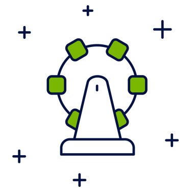 Beyaz arka planda izole edilmiş ana hatlı dönme dolap simgesi. Eğlence parkı. Çocuklar için eğlence parkı, eğlence parkı. Vektör