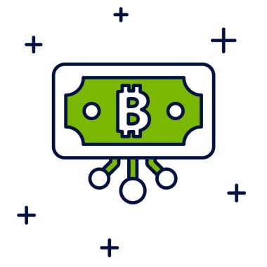 Filled outline Cryptocurrency bitcoin in circle with microchip circuit icon isolated on white background. Blockchain technology, digital money market.  Vector