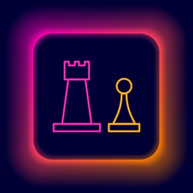 Parlayan neon çizgisi satranç simgesi siyah arkaplanda izole edildi. İş stratejisi. Oyun, yönetim, finans. Renkli taslak konsepti. Vektör