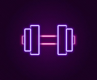 Parlayan neon hattı Dumbbell simgesi siyah arkaplanda izole edildi. Kas kaldırma ikonu, fitness halteri, spor aletleri, egzersiz yaban domuzu. Renkli taslak konsepti. Vektör