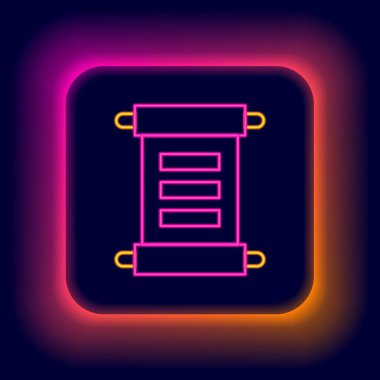 Parlayan neon çizgisi Kararname, kağıt, parşömen, parşömen simgesi siyah arkaplanda izole edilmiş. Renkli taslak konsepti. Vektör
