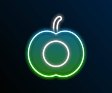 Siyah zemin üzerinde yaprak simgesi olan parlak neon çizgisi şeftali veya nektarin. Renkli taslak konsepti. Vektör