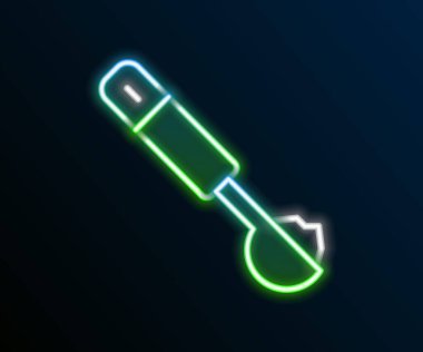 Parlayan neon çizgisi, siyah arkaplanda izole edilmiş kaşık simgesi ölçüsü. Renkli taslak konsepti. Vektör