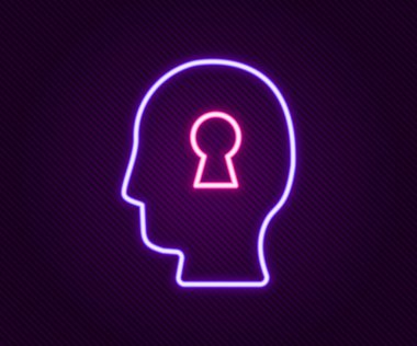 Siyah zemin üzerinde izole edilmiş psikoloji ikonundaki soruna parlayan neon hattı çözümü. Anahtar. Akıl sağlığı terapisi. Renkli taslak konsepti. Vektör