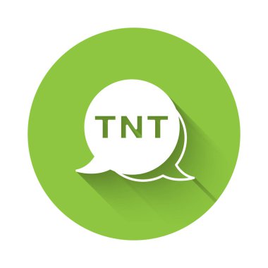 Beyaz Patlayıcı bomba çubuğu ikonu uzun gölgeli izole edilmiş. Saatli bomba - patlama tehlikesi kavramı. Yeşil daire düğmesi. Vektör