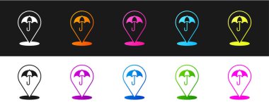 Şemsiye simgesini siyah beyaz arkaplanda izole et. Sigorta konsepti. Su geçirmez ikon. Koruma, güvenlik, güvenlik kavramı. Vektör