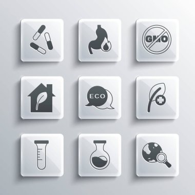 Test tüpü ve matara, büyüteç, yaprak ya da yaprak, ekolojik sağlıklı yiyecek etiketi, çevre dostu ev, virüs ve GDO ikonu. Vektör