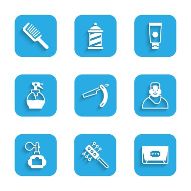 Düz tıraş makinesi, saç fırçası, bıçak, berber dükkanındaki müşteri, tıraş losyonu, saç spreyi şişesi, krem kozmetik tüp ve ikon. Vektör