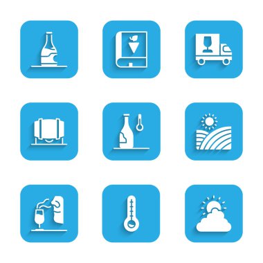 Şarap sıcaklığı, meteoroloji termometresi, güneş ve bulut havası, üzüm bağları, şarap üzümleri, tahta fıçı, kamyon ve ikon şişesi ayarlayın. Vektör