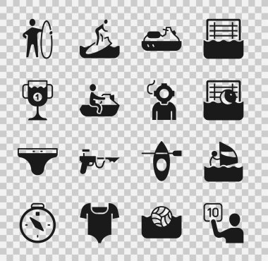 Jüri değerlendirmesi, rüzgar sörfü, su topu, jet ski, ödül kupası, sörf tahtası ve Aqualung simgesi. Vektör