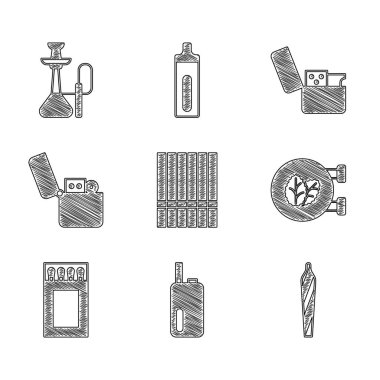 Set Sigarası, Elektronik Sigara, Marihuana Esrarı, Esrar, Tütün Yaprağı Dükkanı, Kibrit kutusu ve Kibrit kutusu, Çakmak ve Nargile ikonu. Vektör