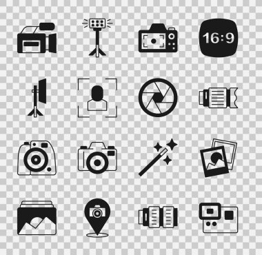 Action ekstrem kamera, fotoğraf çerçevesi, kamera fotoğraf merceği, odak hattı, Stüdyo ampul softbox, sinema ve deklanşör simgesini ayarlayın. Vektör