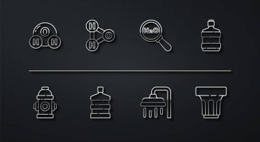 H2O için kimyasal formül, yangın musluğu, temiz suyla dolu büyük şişe, duş başlığı, cam ve ikon. Vektör