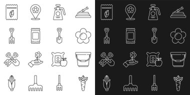 Havuç, kova, çiçek, gübre, gübre torbası, tırmık, bitki ve kürek ikonu dolu tohum paketleri için bahçe spreyi. Vektör