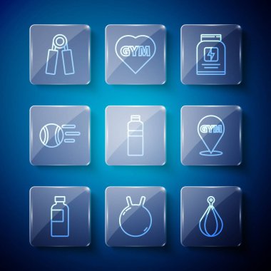 Set hattı fitness karıştırıcı, kettlebell, kum torbası, spor beslenme, tenis topu, genişletici ve spor salonu ikonu. Vektör