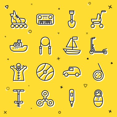 Set line Tumbler doll toy, Yoyo, Scooter, Shovel, Jump rope, Toy boat, Roller skate and  icon. Vector clipart