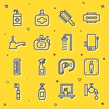 Hattı kurun su musluğu, erkek tuvaleti, elektrikli kazan, saç fırçası, sabun, el dezenfektanı şişesi ve duş ikonu. Vektör