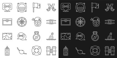 Dürbünü ayarla, mesaj suyuyla şişe, halatla bağlanmış düğüm, korsan bayrağı, pusula, antik hazine sandığı, korsan konumu ve Kurukafa simgesi. Vektör