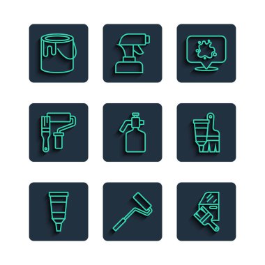 Boya paleti, boya fırçası, araba boyası, sprey boya, silah, kova ve ikon ile boru hattını ayarlayın. Vektör