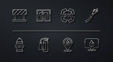 Hat bariyeri, yangın musluğu, hortum makarası, yangın alevi, yangın söndürücü, tahliye planı ve 911 ikonunu hazırlayın. Vektör