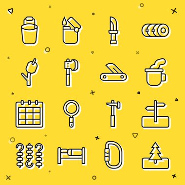 Çizgi ağacı, trafik işareti, çay fincanı, bıçak, tahta balta, çubuk üzerinde marşmelov, kova ve İsviçre ordu bıçağı ikonu. Vektör