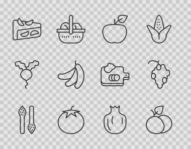 Kuşkonmaz, mango meyvesi, elma, domates, ev yapımı turta, muz, nar ve üzüm ikonu. Vektör