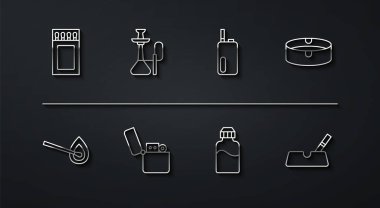 Kibrit kutusu ve kibrit kutusunu ayarlayın. Ateş, kül tablası, plastik şişe, çakmak, nargile, sigara ve elektronik ikon. Vektör