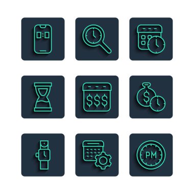 Satır Kol Saati, Takvim ayarları, Gün Saati, Saat, Maaş, Takvim, Dolar, Eski Kum Saati, Alarm uygulaması ve Zaman para simgesi ayarla. Vektör