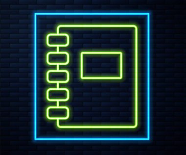 Parlayan neon hattı Not Defteri simgesi tuğla duvar arka planında izole edildi. Spiral not defteri simgesi. Okul defteri. Yazı tahtası. Okul günlüğü. Vektör.