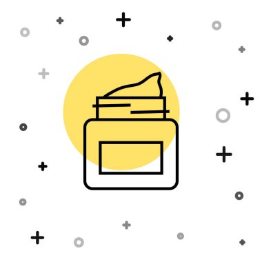 Beyaz arka planda siyah çizgi kremi ya da losyon kozmetik kavanozu ikonu var. Erkekler için vücut bakım ürünleri. Rastgele dinamik şekiller. Vektör.