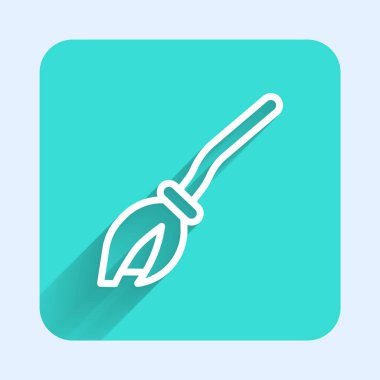 Beyaz çizgi cadıları uzun gölgeli süpürge ikonu. Mutlu Cadılar Bayramı Partisi. Yeşil kare düğmesi. Vektör.