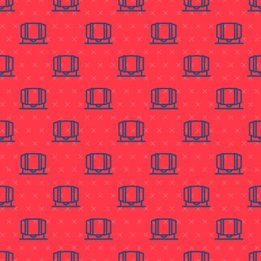 Blue line Wooden barrel for wine icon isolated seamless pattern on red background.  Vector