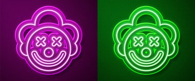 Parlayan neon çizgisi palyaço kafası simgesi mor ve yeşil arkaplanda izole edildi. Vektör
