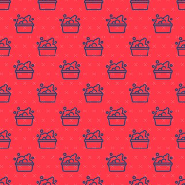 Mavi çizgi, sabun köpüklü plastik leğen kırmızı arkaplanda izole edilmiş pürüzsüz kalıp. Sulu kase. Çamaşır yıkama, temizlik malzemeleri. Vektör