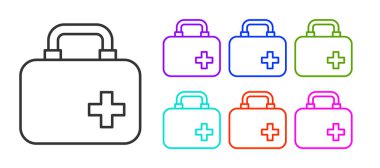 Siyah çizgi ilk yardım çantası simgesi beyaz arkaplanda izole edildi. Haçlı sağlık kutusu. Acil durumlar için tıbbi ekipman. Sağlık sigortası konsepti. Simgeleri renklendirin. Vektör