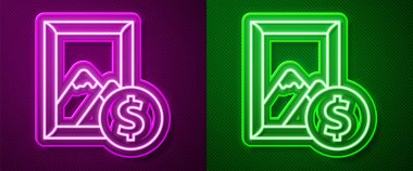 Parlayan neon çizgisi açık arttırma resmi mor ve yeşil arka planda izole edilmiş. Açık arttırma teklifi. Satış ve alıcılar. Vektör