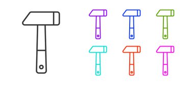 Siyah çizgi çekiç simgesi beyaz arkaplanda izole edildi. Tamir için bir araç. Simgeleri renklendirin. Vektör