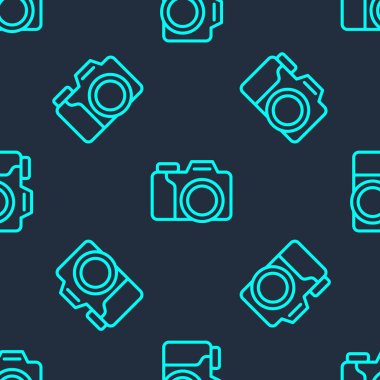 Yeşil çizgi fotoğraf makinesi ikonu mavi arkaplanda kusursuz desen izole etti. Foto kamera. Dijital fotoğrafçılık. Vektör