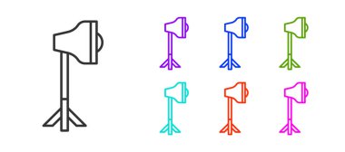 Softbox simgesindeki siyah çizgi Stüdyo ampulü beyaz arkaplanda izole edildi. Gölge yansıma tasarımı. Simgeleri renklendirin. Vektör