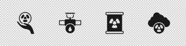 Radyoaktif, endüstriyel boru ve vanayı, fıçıdaki atıkları ve asit yağmuru radyoaktif bulut simgesini ayarla. Vektör