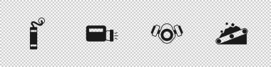 Dinamit, fener, gaz maskesi ve kömür simgesi taşıyan taşıyıcı bant ayarlayın. Vektör