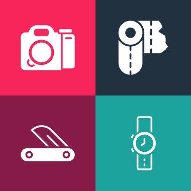 Pop sanat bilekliği, İsviçre çakısı, kağıt havlu rulosu ve fotoğraf makinesi ikonu. Vektör