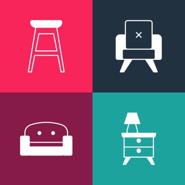 Pop Art Nightstand 'ı lamba, Kol Sandalyesi ve Sandalye ikonu ile kurun. Vektör